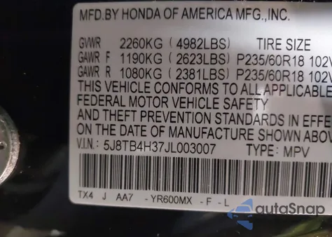 2018 Acura Rdx Acurawatch Plus Package from USA, damaged, VIN 5J8TB4H37JL003007